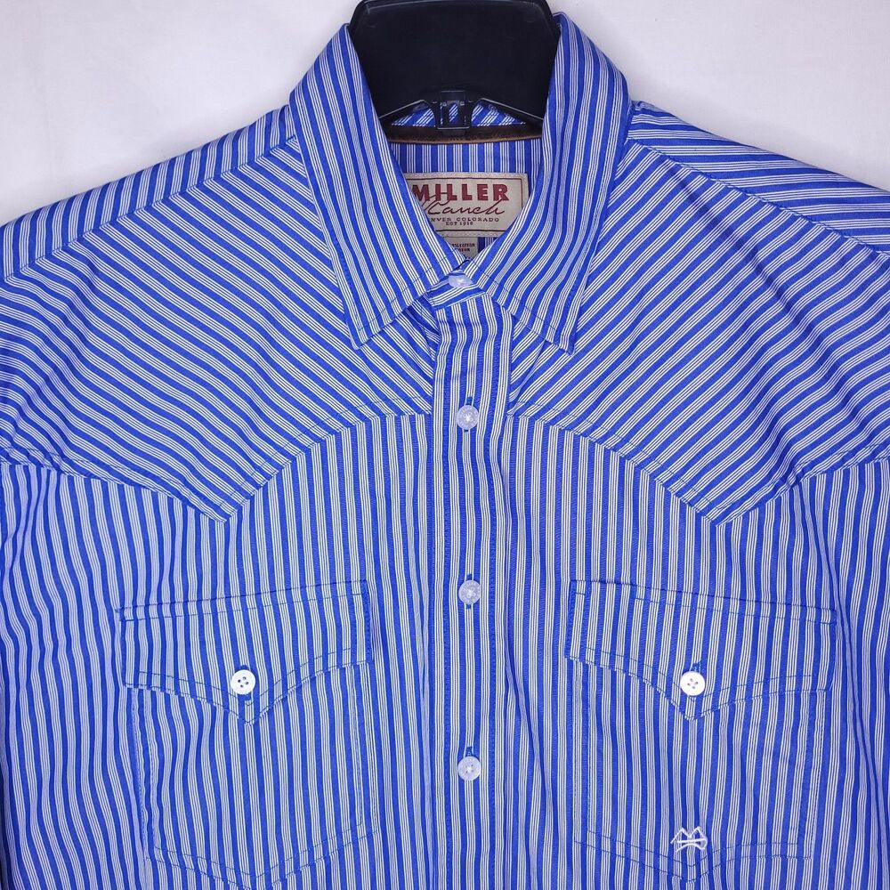 Miller Ranch Shirt Mens Large Striped Blue, White Western Cowboy